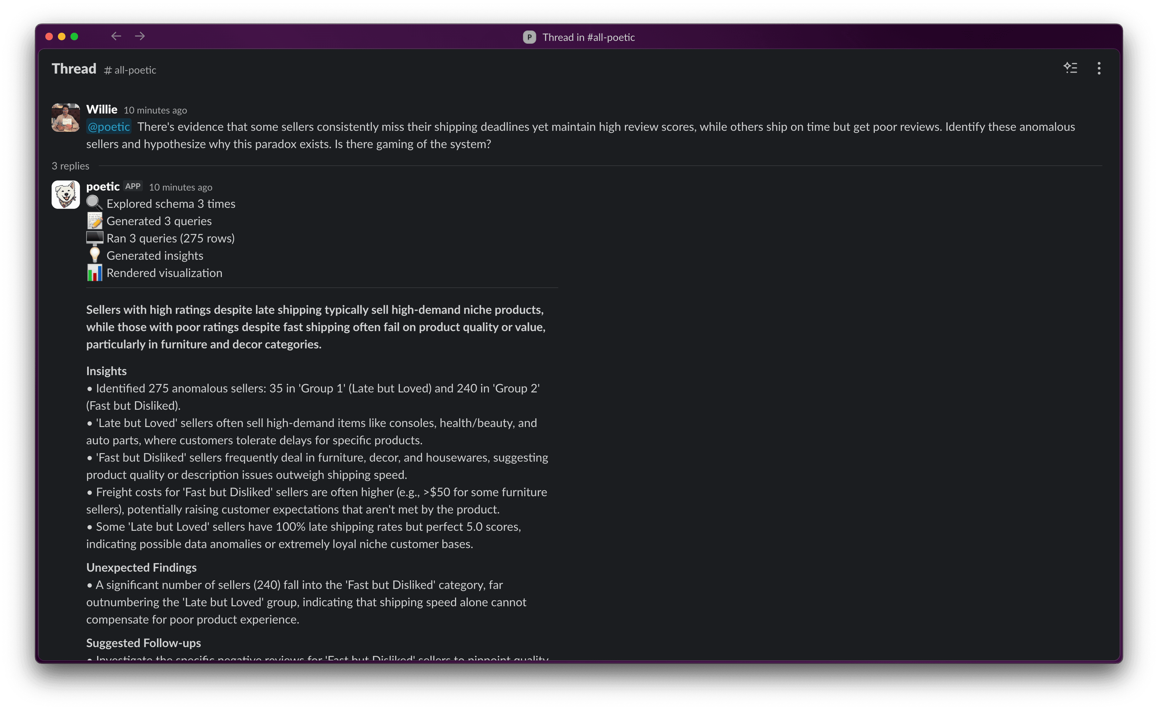Poetic in action - AI Data Analyst conversation in Slack